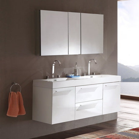 Fresca FVN8013WH Fresca Opulento 54" White Modern Double Sink Bathroom Vanity w/ Medicine Cabinet