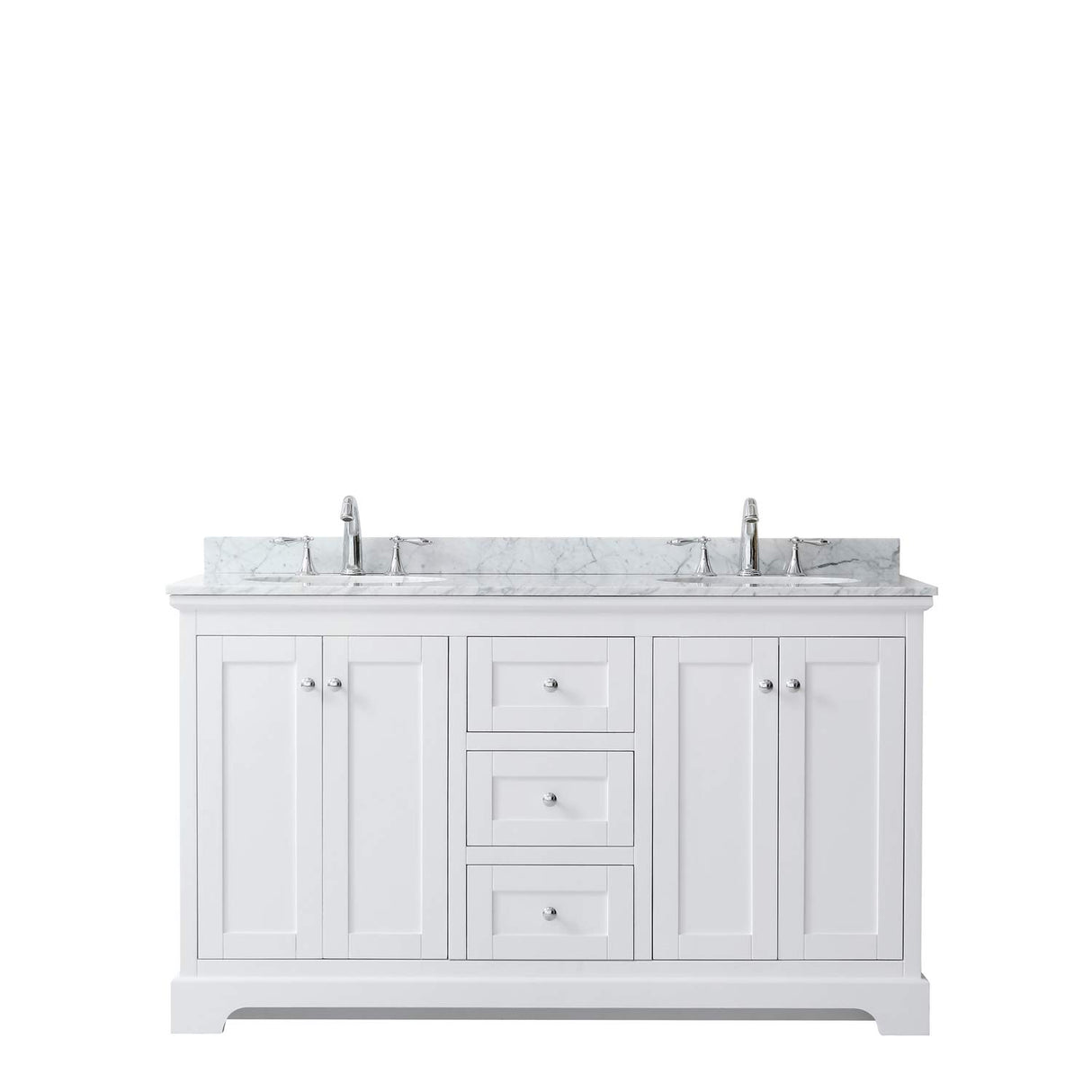 Avery 60 Inch Double Bathroom Vanity in White White Carrara Marble Countertop Undermount Oval Sinks and No Mirror