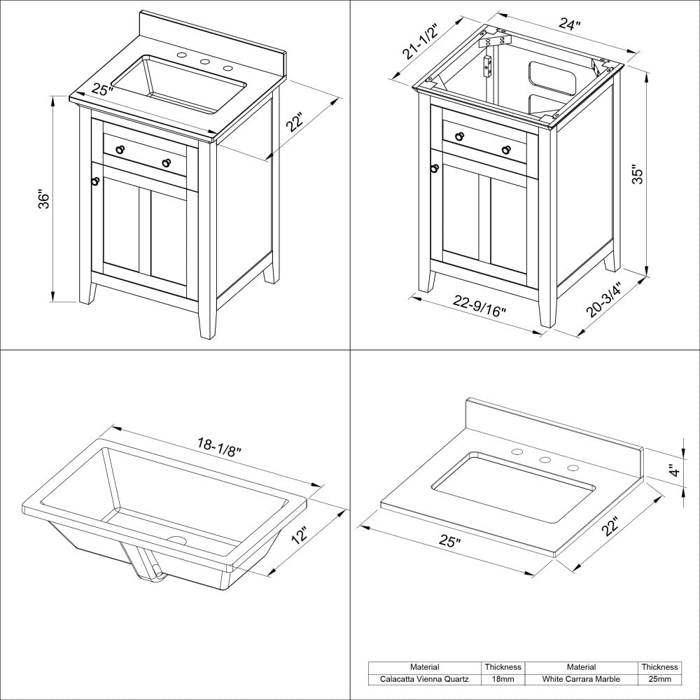 Jeffrey Alexander VKITCHA24CHCQR 24" Chocolate Chatham Vanity, Calacatta Vienna Quartz Vanity Top, undermount rectangle bowl