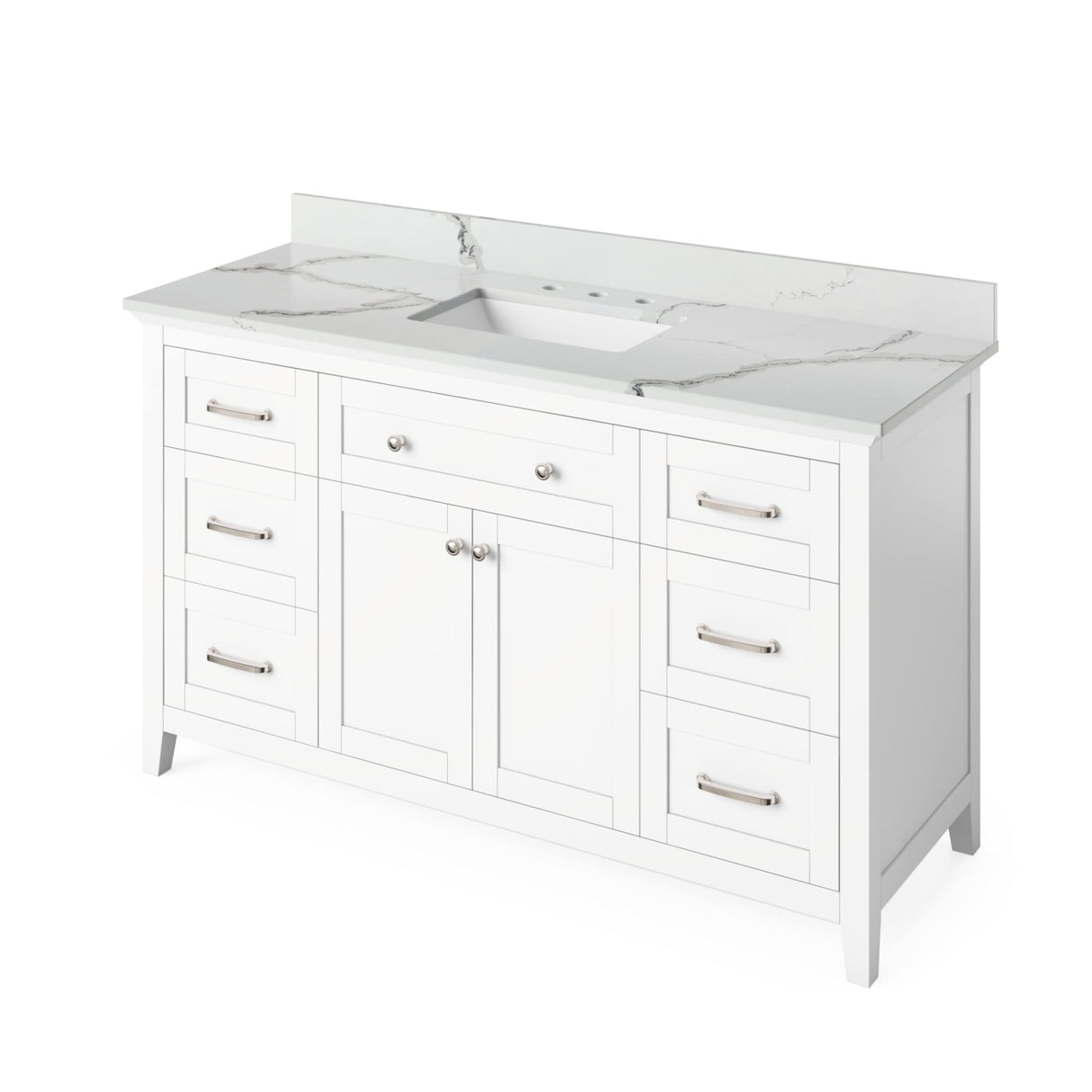 Jeffrey Alexander VKITCHA60SWHWCR 60" White Chatham Vanity, White Carrara Marble Vanity Top, undermount rectangle bowl