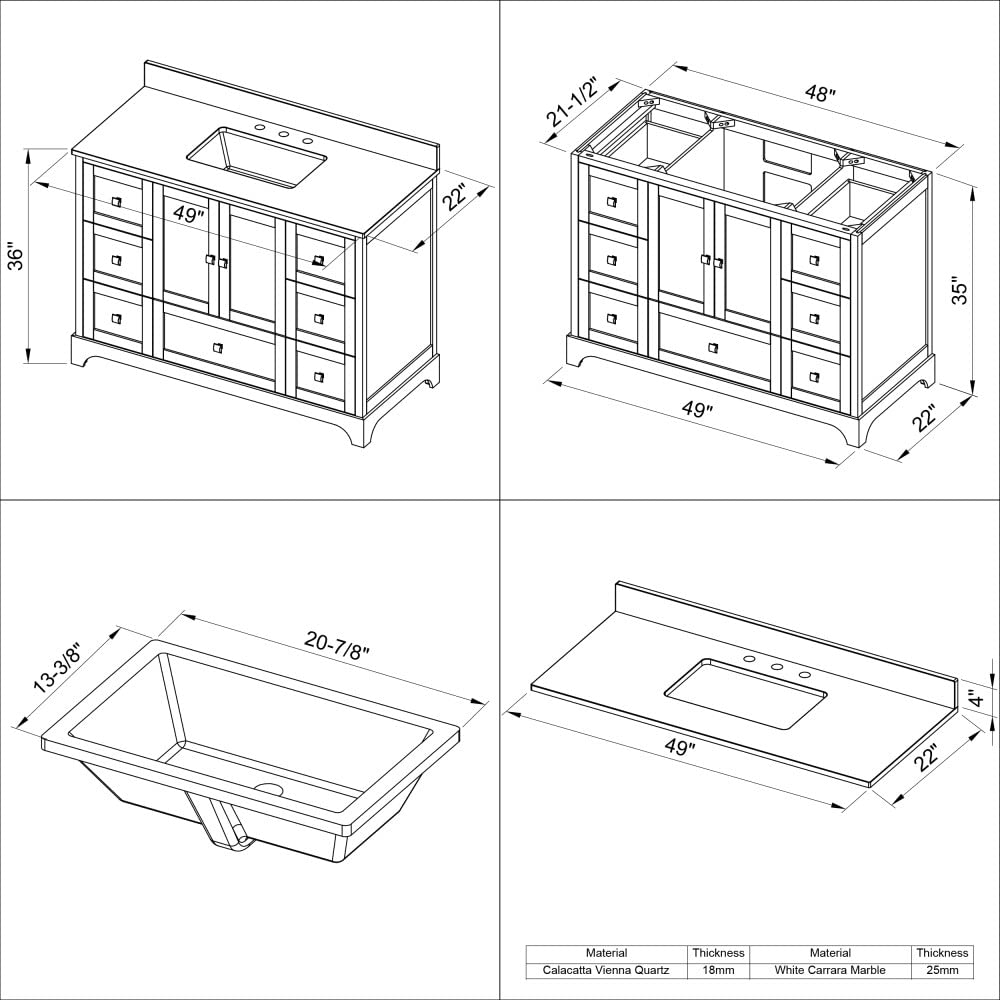 Jeffrey Alexander VKITADD48WHCQR 48" White Addington Vanity, Calacatta Vienna Quartz Vanity Top, undermount rectangle bowl