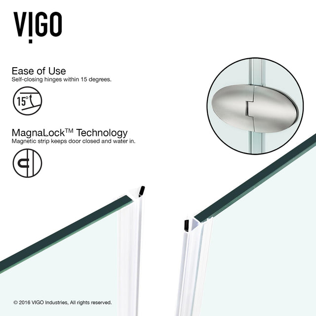 VIGO VG6061BNCL42 40.0" -40.0" W -73.38" H Frameless Hinged Neo-angle Shower Enclosure with Clear 0.38" Tempered Glass and Stainless Steel Hardware in Brushed Nickel Finish with Reversible Handle