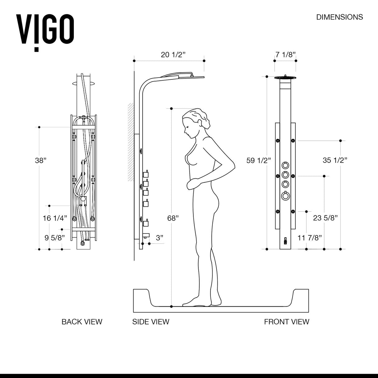 VIGO VG08008 Mateo 20.5" -7.13" W -59.5" H Shower Massage Panel 6 -Jet High Pressure Shower System with Thermostatic, Volume, Dual Function Control Type, Brass Hardware in Stainless Steel Finish