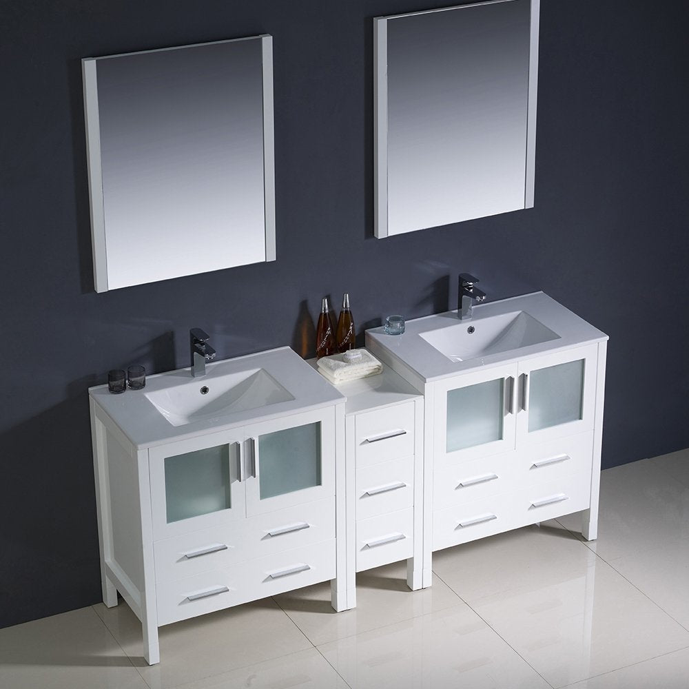 Fresca FVN62-301230WH-UNS Fresca Torino 72" White Modern Double Sink Bathroom Vanity w/ Side Cabinet & Integrated Sinks