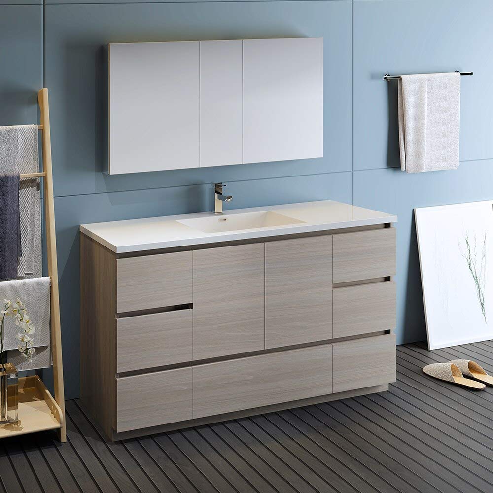 Fresca FVN9360MGO-S Fresca Lazzaro 60" Gray Wood Free Standing Single Sink Modern Bathroom Vanity w/ Medicine Cabinet