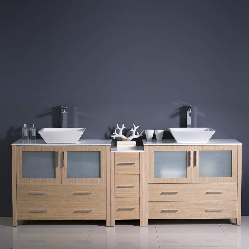 Fresca FCB62-361236GO-CWH-V Fresca Torino 84" Gray Oak Modern Double Sink Bathroom Cabinets w/ Tops & Vessel Sinks