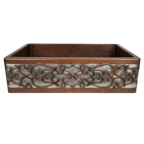 Premier Copper Products 33-Inch Hammered Copper Apron Front Single Basin Kitchen Sink w/ Scroll Design and Nickel Background