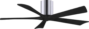 Matthews Fan IR5H-CR-BK-52 Irene-5H five-blade flush mount paddle fan in Polished Chrome finish with 52” solid matte black wood blades. 