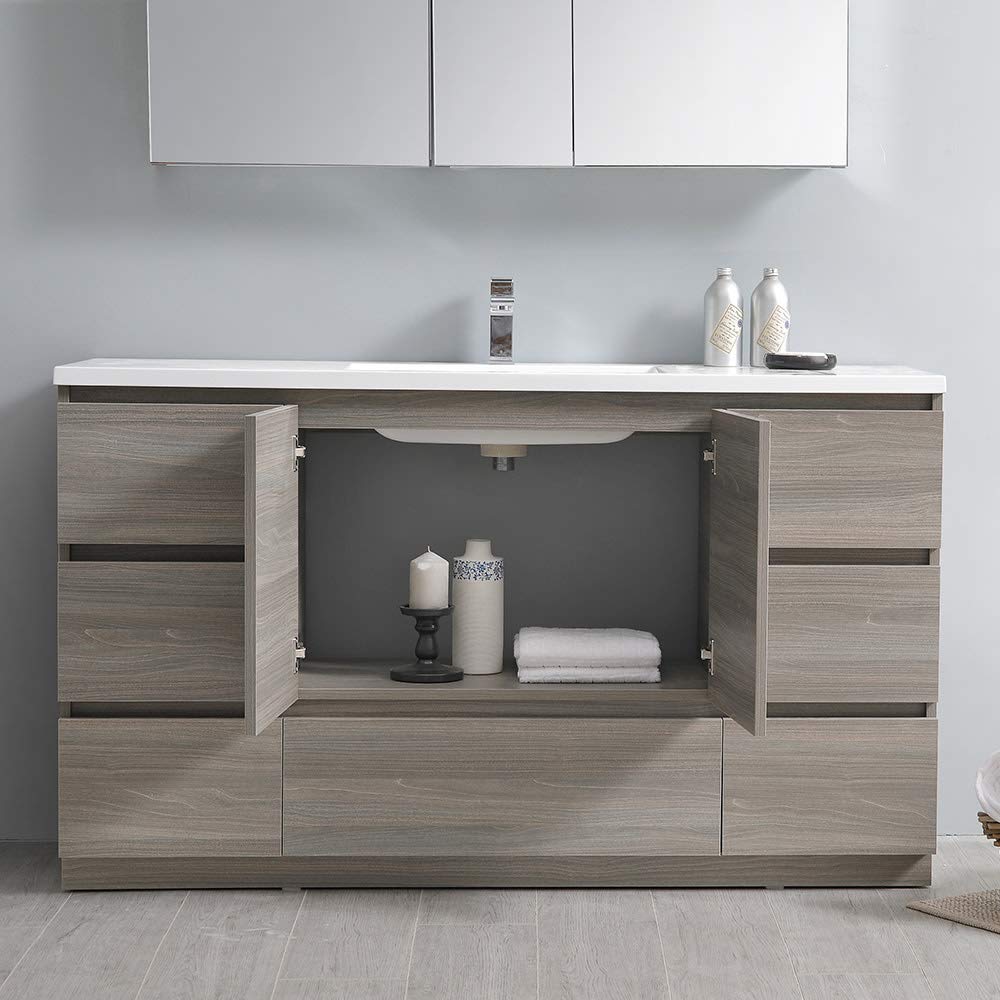 Fresca FCB9360HA-S-I Fresca Lazzaro 60" Glossy Ash Gray Free Standing Modern Bathroom Cabinet w/ Integrated Single Sink