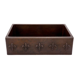 Premier Copper Products KASDB33229F 33-Inch Hammered Copper Kitchen Apron Single Basin Sink with Fleur De Lis Design, Oil Rubbed Bronze