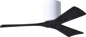 Matthews Fan IR3H-WH-BK-42 Irene-3H three-blade flush mount paddle fan in Gloss White finish with 42” solid matte black wood blades. 