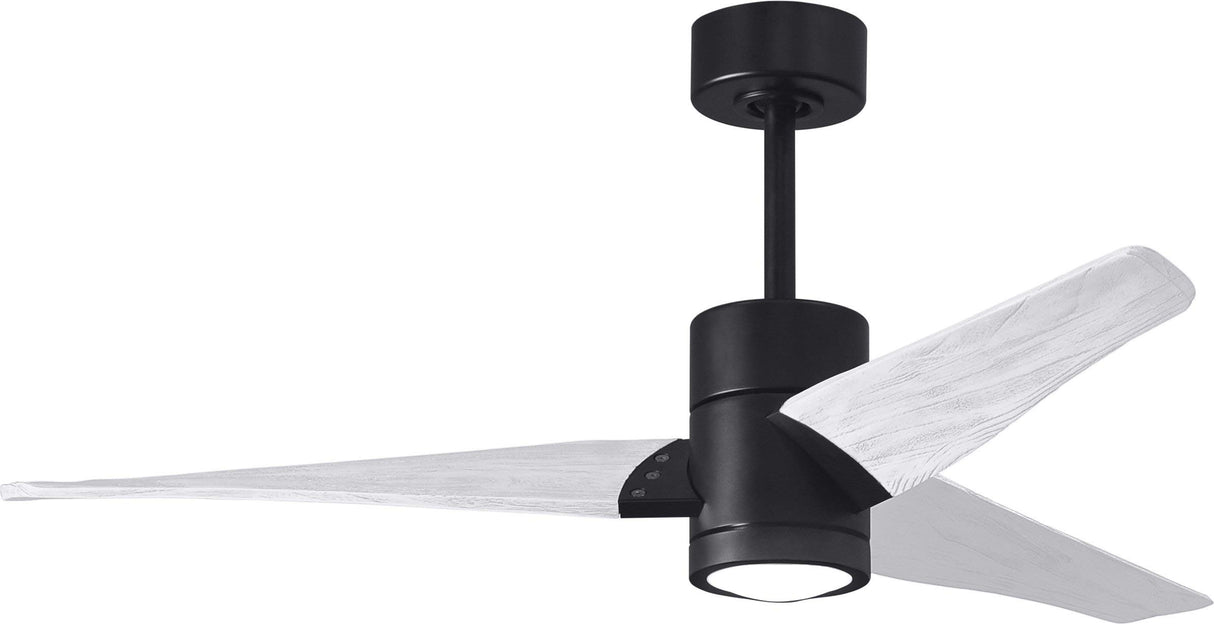 Matthews Fan SJ-BK-MWH-52 Super Janet three-blade ceiling fan in Matte Black finish with 52” solid matte white wood blades and dimmable LED light kit 