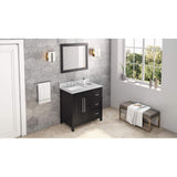 Jeffrey Alexander VKITCAD36BKWCR 36" Black Cade Vanity, left offset, White Carrara Marble Vanity Top, undermount rectangle bowl