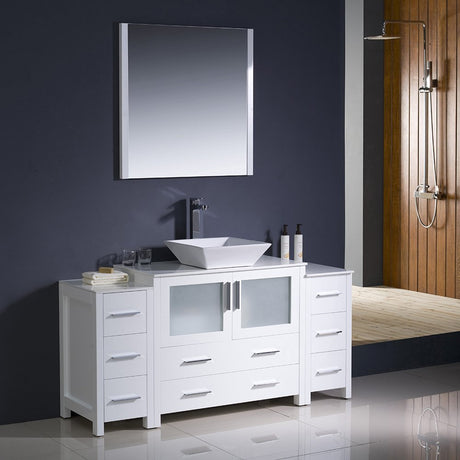 Fresca FVN62-123612WH-VSL Fresca Torino 60" White Modern Bathroom Vanity w/ 2 Side Cabinets & Vessel Sink