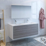 Fresca FVN9260HA-D Fresca Catania 60" Glossy Ash Gray Wall Hung Double Sink Modern Bathroom Vanity w/ Medicine Cabinet