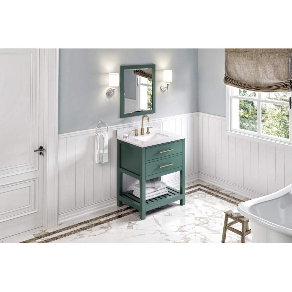 Jeffrey Alexander VKITWAV30GNWCR 30" Forest Green Wavecrest Vanity, White Carrara Marble Vanity Top, undermount rectangle bowl