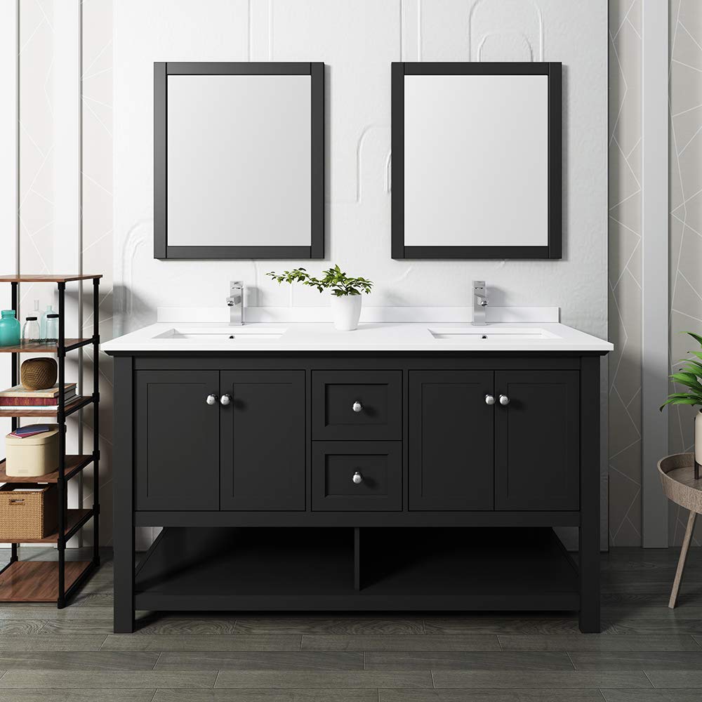 Fresca FVN2360BL-D Fresca Manchester 60" Black Traditional Double Sink Bathroom Vanity w/ Mirrors