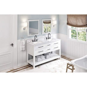 Jeffrey Alexander VKITWAV60WHWCR 60" White Wavecrest Vanity, double bowl, White Carrara Marble Vanity Top, two undermount rectangle bowls