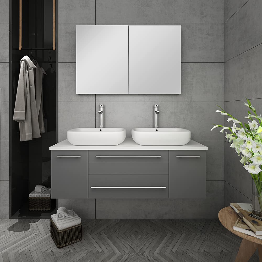 Fresca FVN6148WH-VSL-D Fresca Lucera 48" White Wall Hung Double Vessel Sink Modern Bathroom Vanity w/ Medicine Cabinet