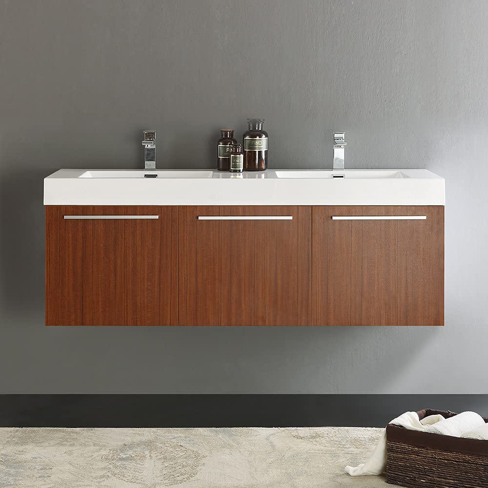 Fresca FCB8093TK-D-I Fresca Vista 60" Teak Wall Hung Double Sink Modern Bathroom Cabinet w/ Integrated Sink