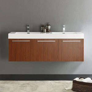 Fresca FCB8093TK-D-I Fresca Vista 60" Teak Wall Hung Double Sink Modern Bathroom Cabinet w/ Integrated Sink