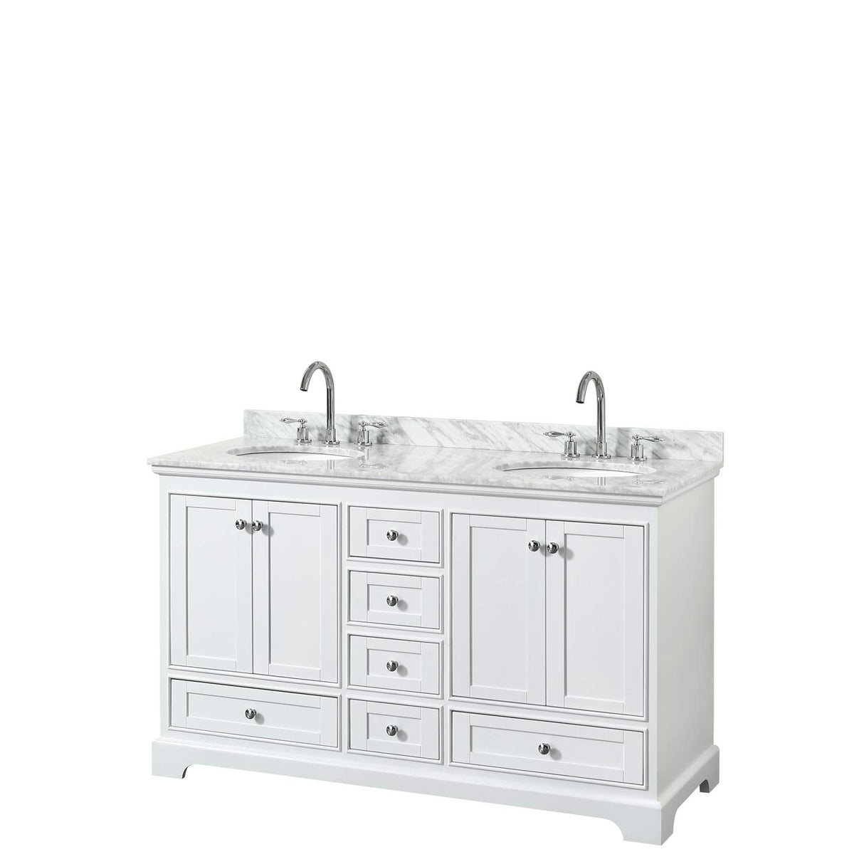 Deborah 60 Inch Double Bathroom Vanity in White White Carrara Marble Countertop Undermount Oval Sinks and No Mirrors