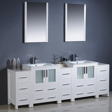 Fresca FVN62-72WH-UNS Fresca Torino 84" White Modern Double Sink Bathroom Vanity w/ 3 Side Cabinets & Integrated Sinks