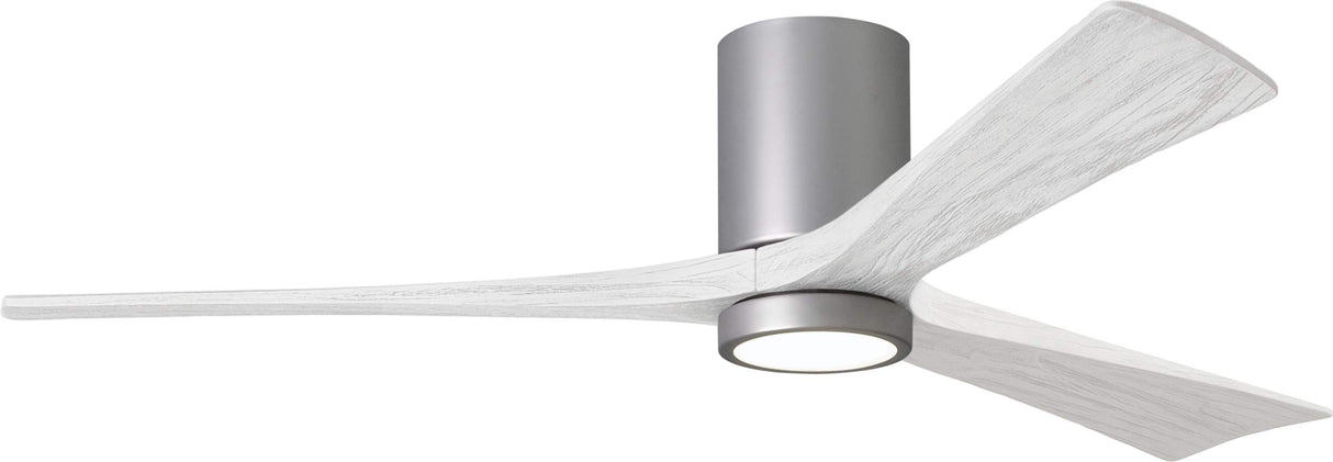 Matthews Fan IR3HLK-BN-MWH-60 Irene-3HLK three-blade flush mount paddle fan in Brushed Nickel finish with 60” solid matte white wood blades and integrated LED light kit.