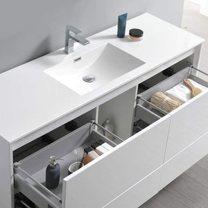 Fresca FVN9260WH-S Fresca Catania 60" Glossy White Wall Hung Single Sink Modern Bathroom Vanity w/ Medicine Cabinet