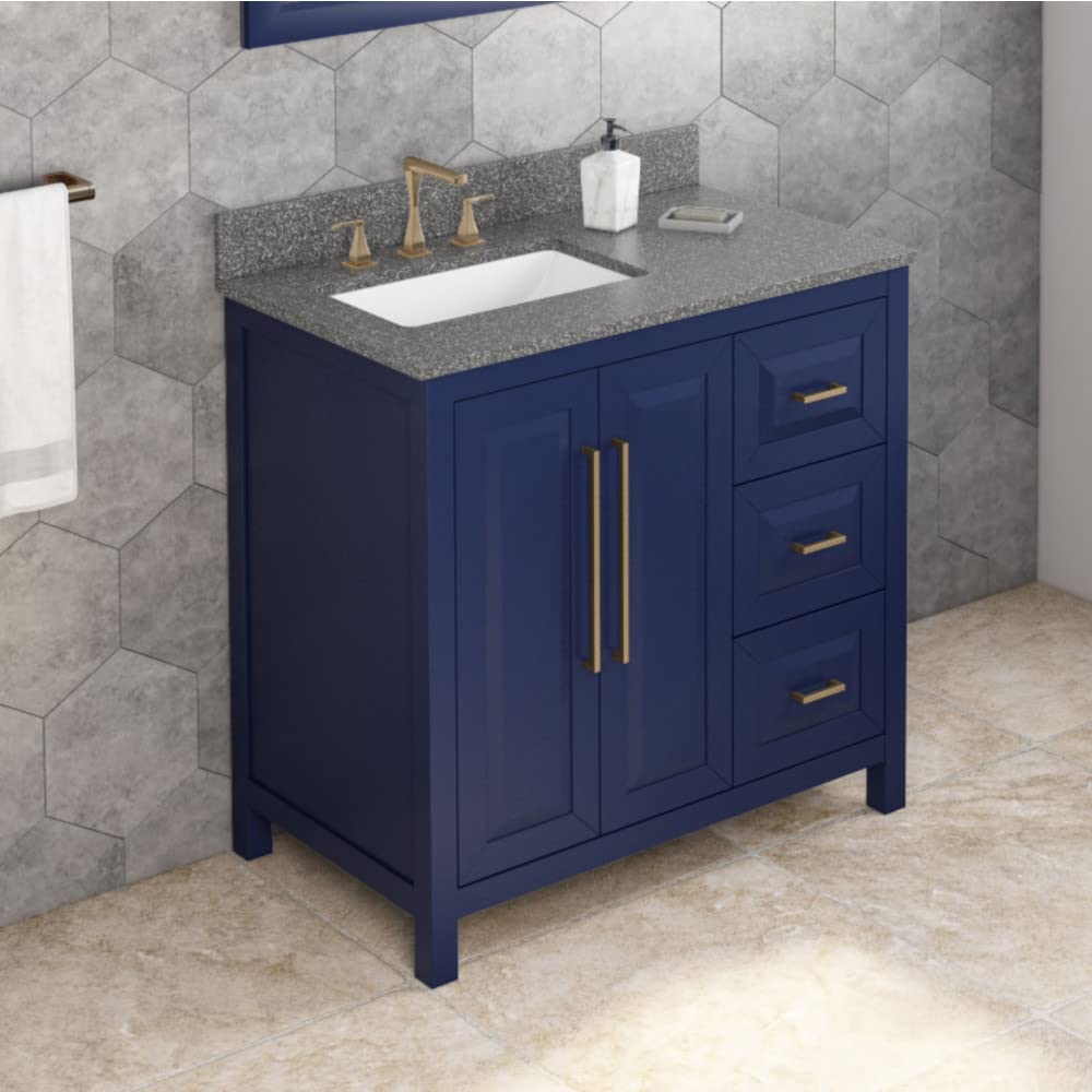 Jeffrey Alexander VKITCAD36BLBOR 36" Hale Blue Cade Vanity, left offset, Boulder Vanity Cultured Marble Vanity Top, undermount rectangle bowl