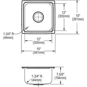 Elkay Lustertone LFR1515 Single Bowl Top Mount Stainless Steel Bar Sink