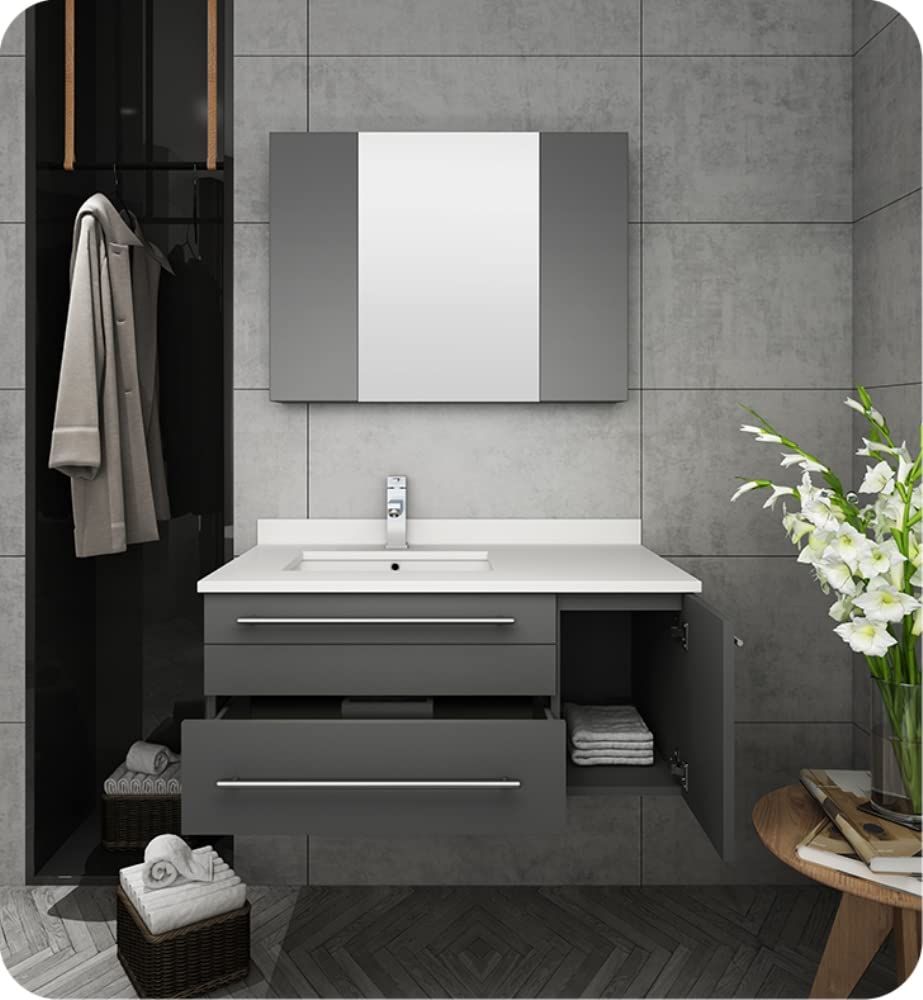 Fresca FVN6136GR-UNS-L Fresca Lucera 36" Gray Wall Hung Undermount Sink Modern Bathroom Vanity w/ Medicine Cabinet - Left Version