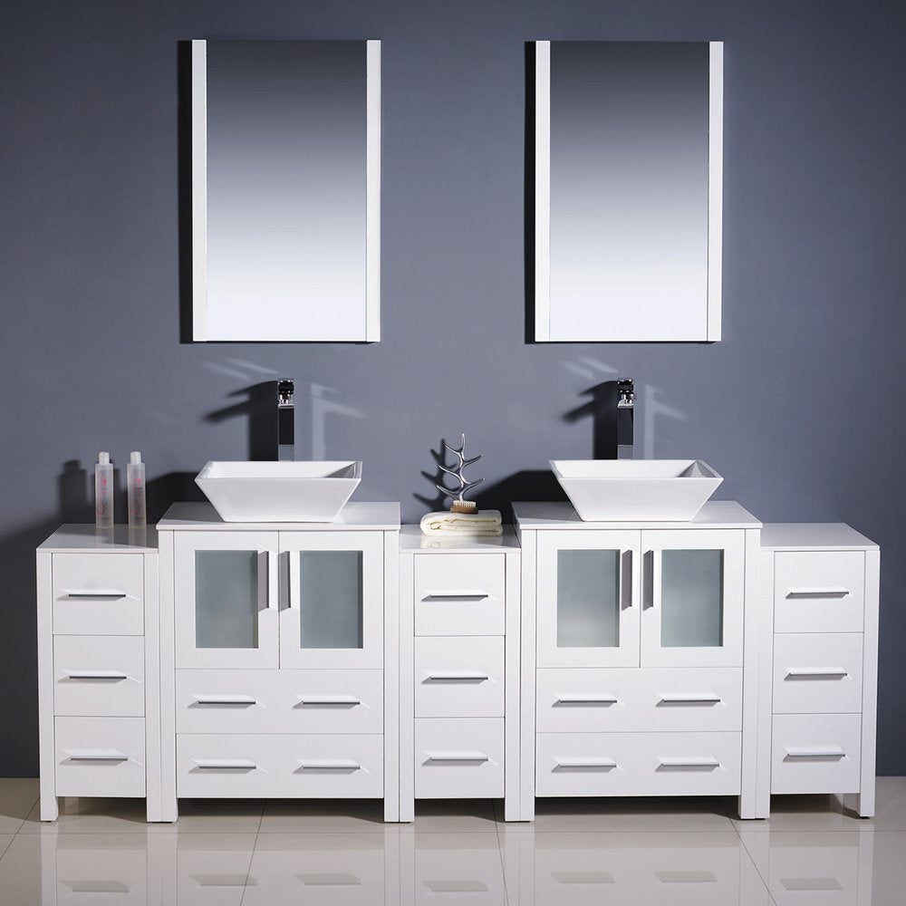 Fresca FVN62-72WH-VSL Fresca Torino 84" White Modern Double Sink Bathroom Vanity w/ 3 Side Cabinets & Vessel Sinks