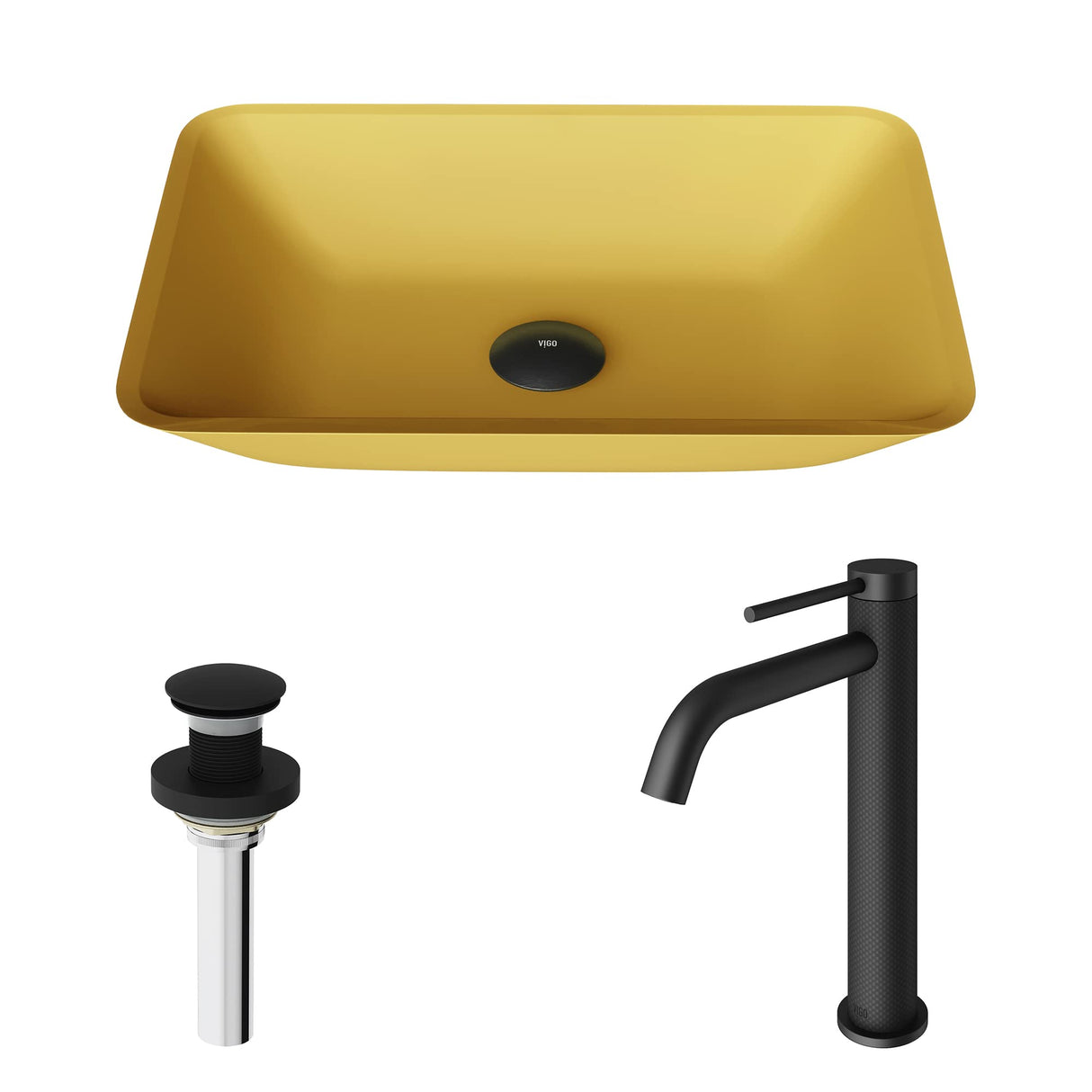 VIGO VGT2072 13.0" L -18.13" W -4.13" H Matte Shell Sottile Glass Rectangular Vessel Bathroom Sink in Gold with Lexington Faucet and Pop-up Drain in Matte Black