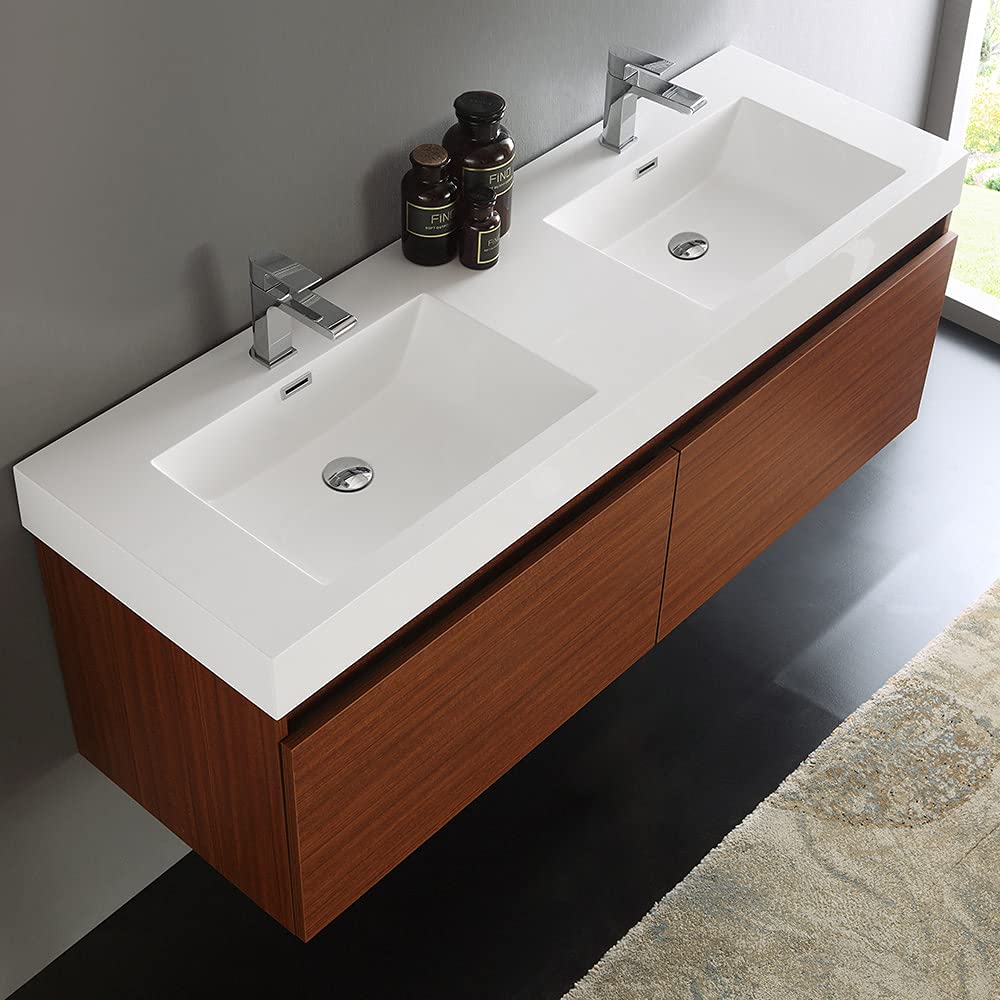 Fresca FCB8042GO-I Fresca Mezzo 60" Gray Oak Wall Hung Double Sink Modern Bathroom Cabinet w/ Integrated Sink