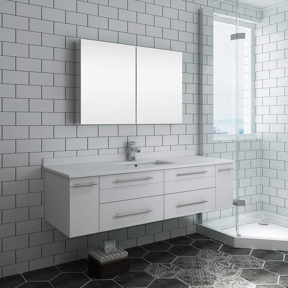 Fresca FVN6160WH-UNS Fresca Lucera 60" White Wall Hung Single Undermount Sink Modern Bathroom Vanity w/ Medicine Cabinet