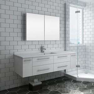 Fresca FVN6160WH-UNS Fresca Lucera 60" White Wall Hung Single Undermount Sink Modern Bathroom Vanity w/ Medicine Cabinet