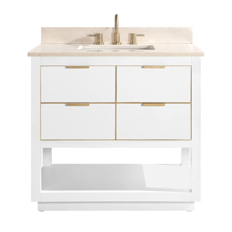 Avanity Allie 37 in. Vanity Combo in White with Gold Trim and Crema Marfil Marble Top