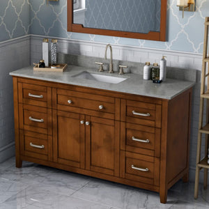 Jeffrey Alexander VKITCHA60SCHSGR 60" Chocolate Chatham Vanity, Steel Grey Cultured Marble Vanity Top, undermount rectangle bowl