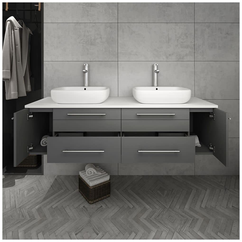 Fresca FCB6160WH-VSL-D-CWH-V Fresca Lucera 60" White Wall Hung Modern Bathroom Cabinet w/ Top & Double Vessel Sinks