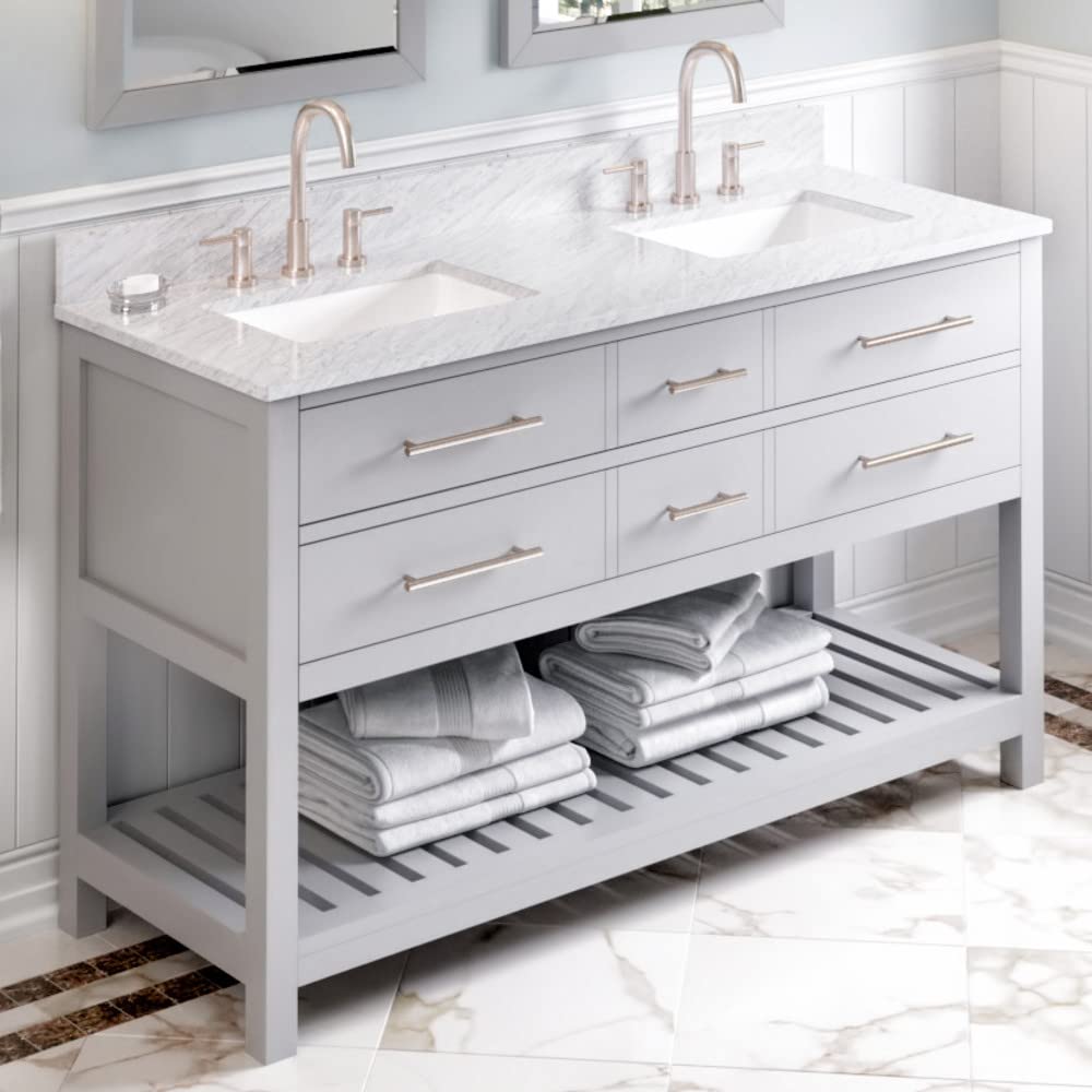 Jeffrey Alexander VKITWAV60GRWCR 60" Grey Wavecrest Vanity, double bowl, White Carrara Marble Vanity Top, two undermount rectangle bowls