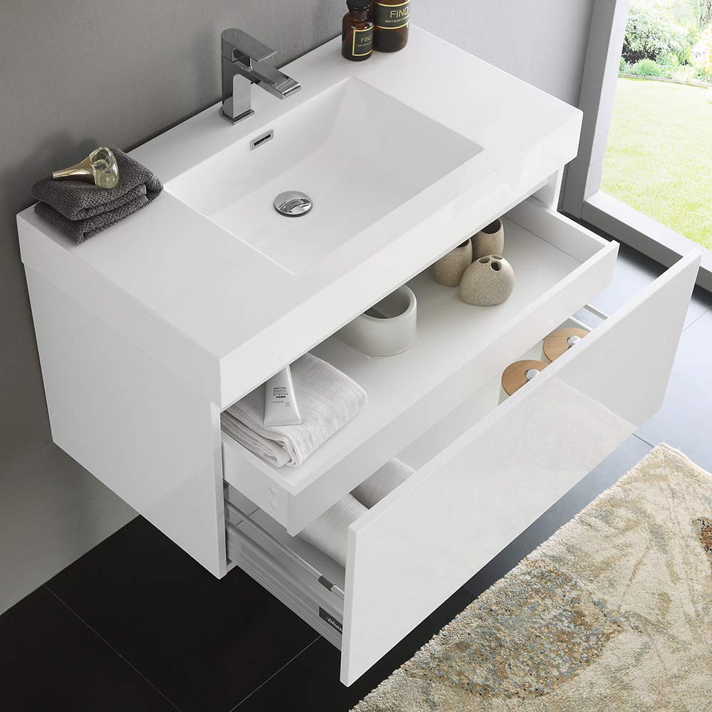 Fresca FCB8008TK-I Fresca Mezzo 36" Teak Wall Hung Modern Bathroom Cabinet w/ Integrated Sink