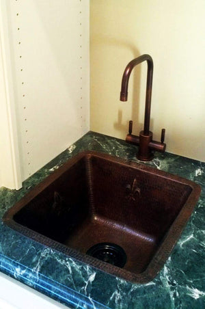 Premier Copper Products BS15FDB3 15-Inch Universal Square Fleur De Lis Hammered Copper Sink with 3.5-Inch Drain Size, Oil Rubbed Bronze