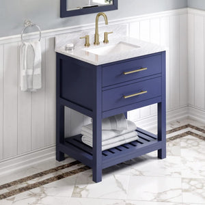 Jeffrey Alexander VKITWAV30BLWCR 30" Hale Blue Wavecrest Vanity, White Carrara Marble Vanity Top, undermount rectangle bowl