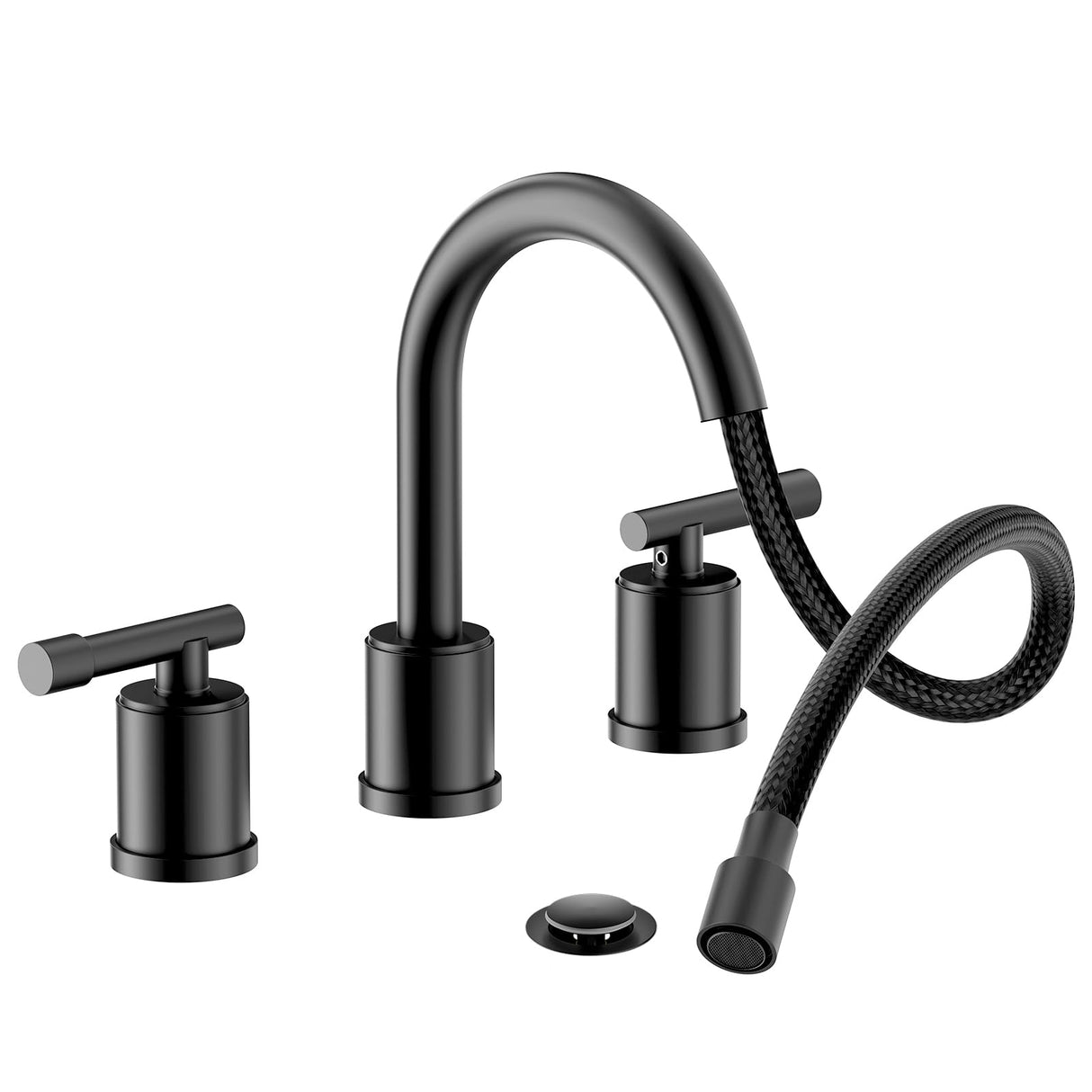8-Inch Three-Hole Bathroom Faucet with Pull-Down Sprayer, Widespread Design, Metal Pop-Up Drain, Water Supply Lines, and Two Handles