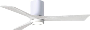 Matthews Fan IR3HLK-WH-MWH-52 Irene-3HLK three-blade flush mount paddle fan in Gloss White finish with 52” solid matte white wood blades and integrated LED light kit.
