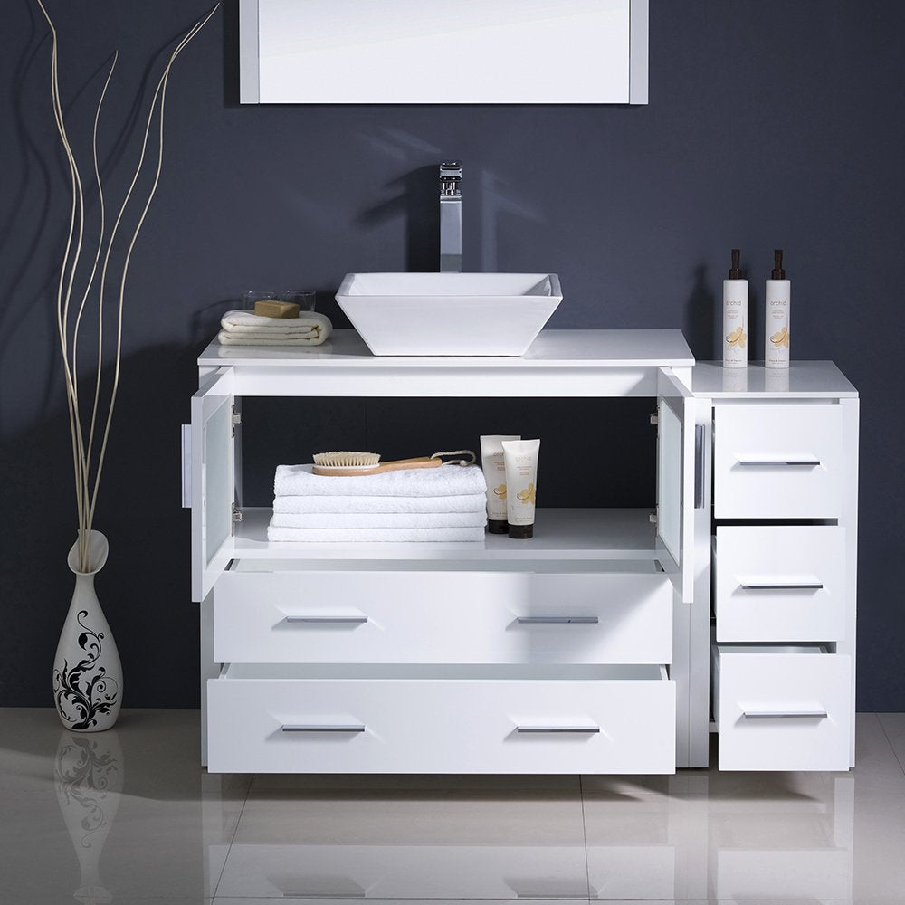 Fresca FVN62-3612WH-VSL Fresca Torino 48" White Modern Bathroom Vanity w/ Side Cabinet & Vessel Sink