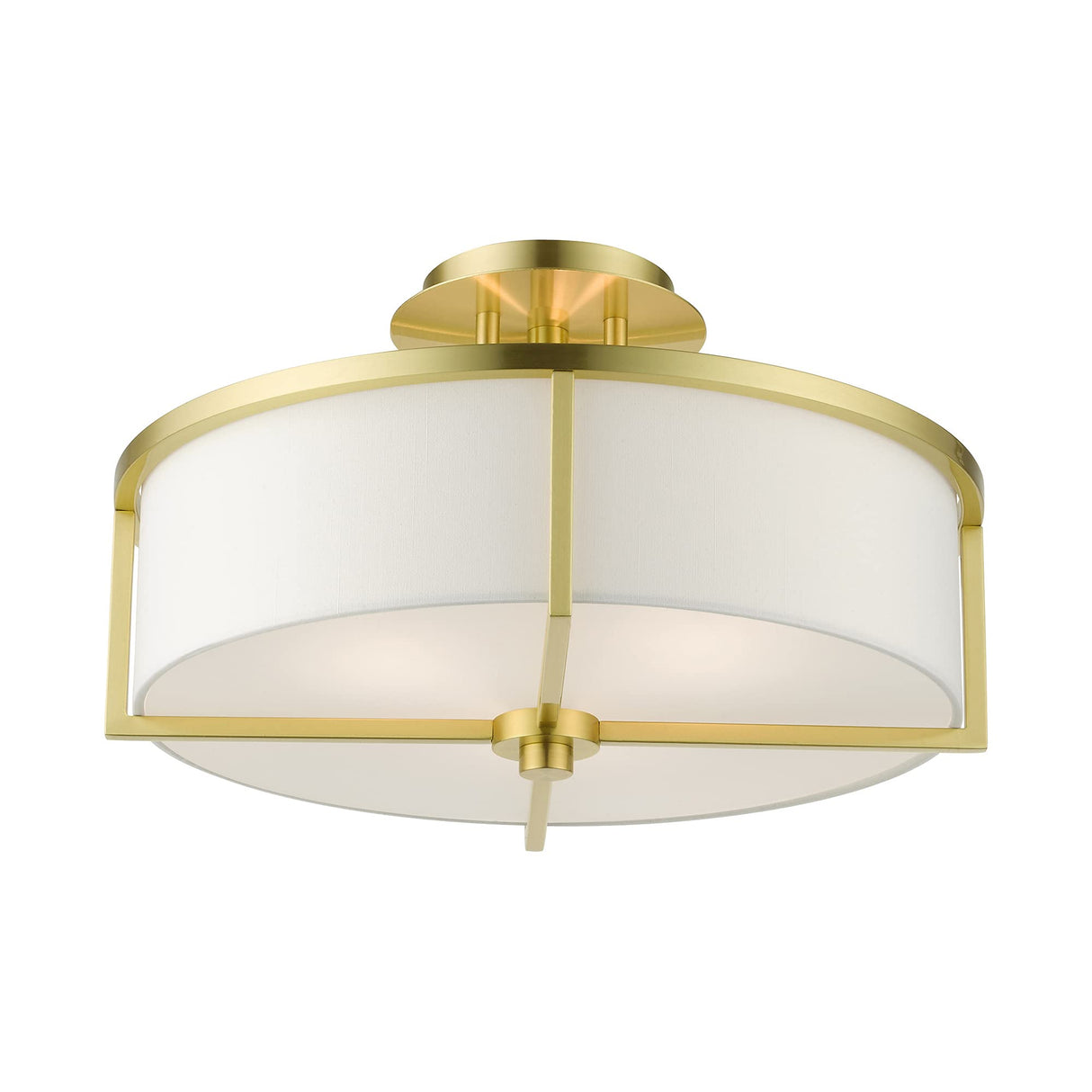 Livex Lighting 51074-12 Wesley Collection 3-Light Semi Flush Mount Ceiling Light with Off-White Hardback Fabric Shade, Satin Brass, 16 x 16 x 9.25