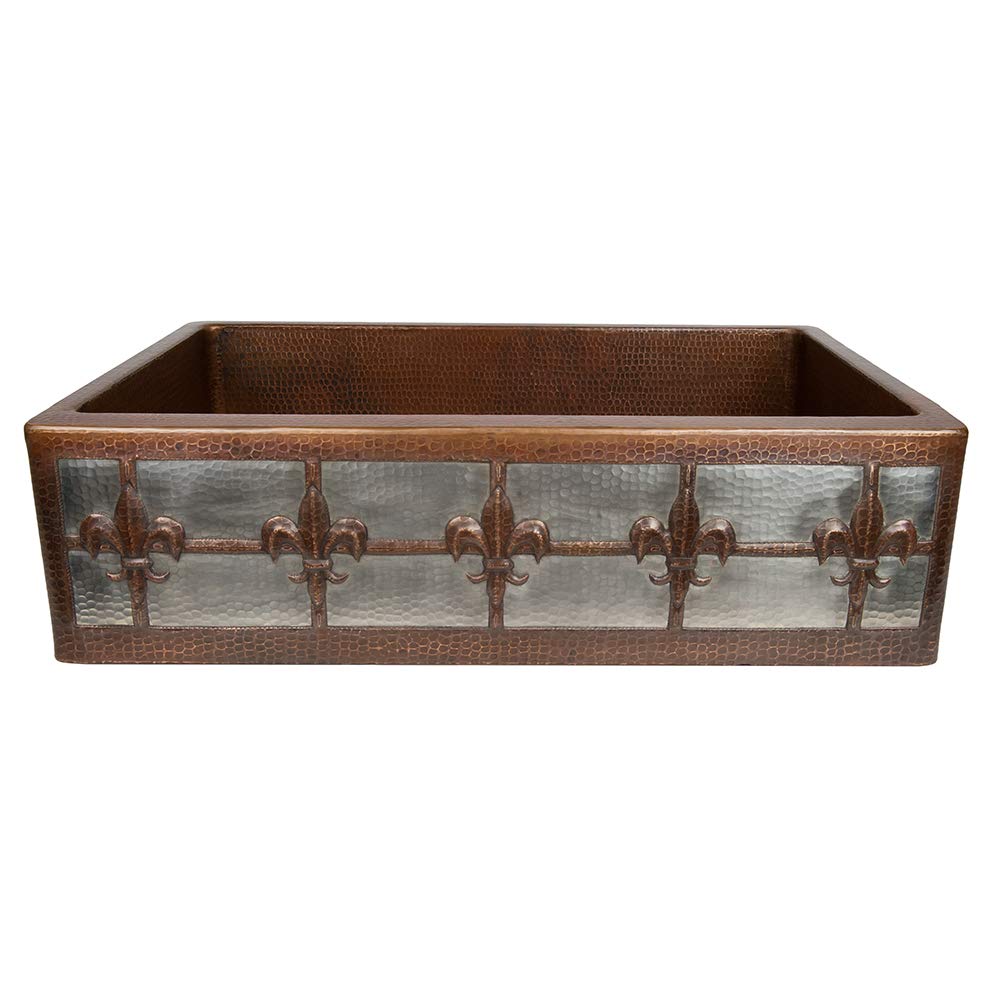 Premier Copper Products KASDB33229F-NB 33-Inch Hammered Copper Apron Front Single Basin Kitchen Sink w/ Fleur De Lis Design and Nickel Background