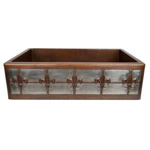 Premier Copper Products KASDB33229F-NB 33-Inch Hammered Copper Apron Front Single Basin Kitchen Sink w/ Fleur De Lis Design and Nickel Background